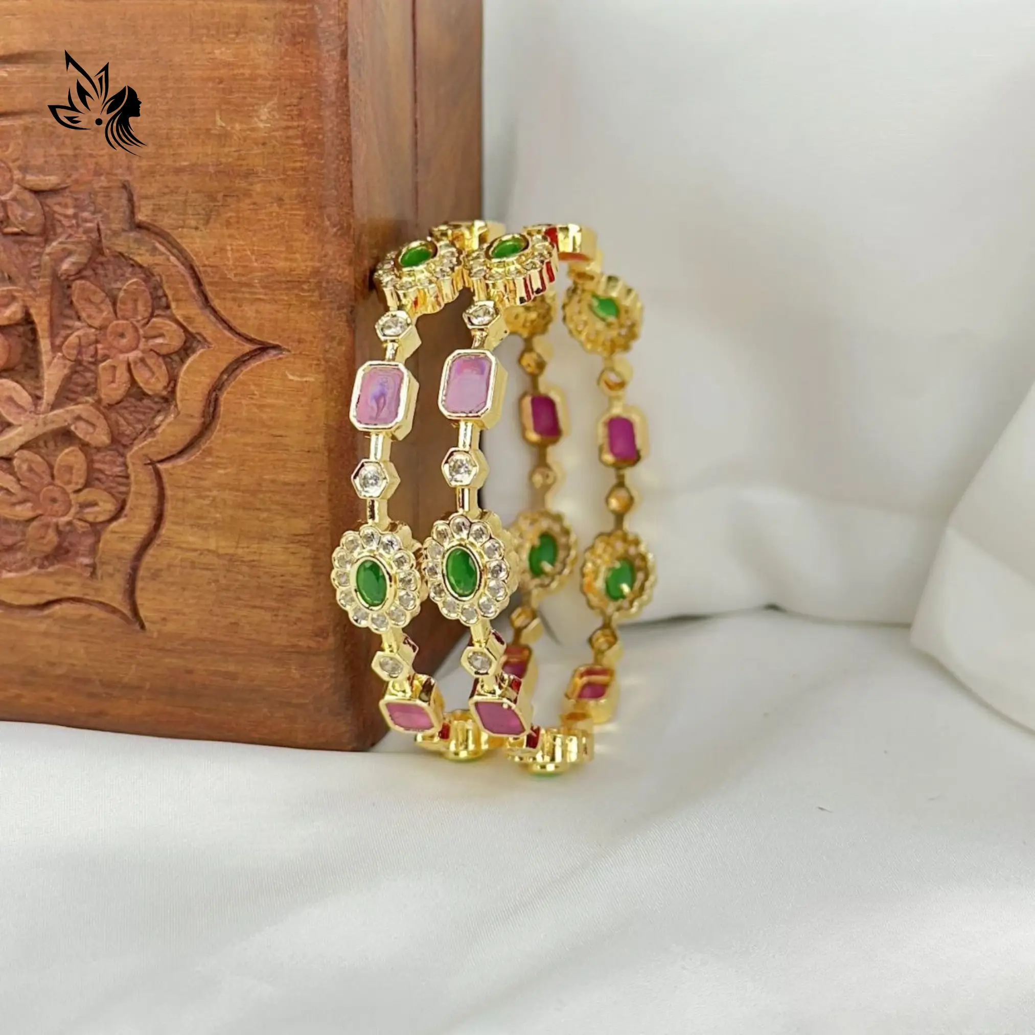 40.webp Heritage engraved stoned gold bangle - Image 1