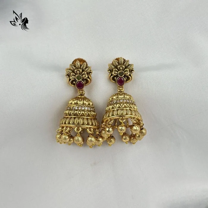 Traditional Kemp Stone Gold Jhumki – Bridal Style - Image 2