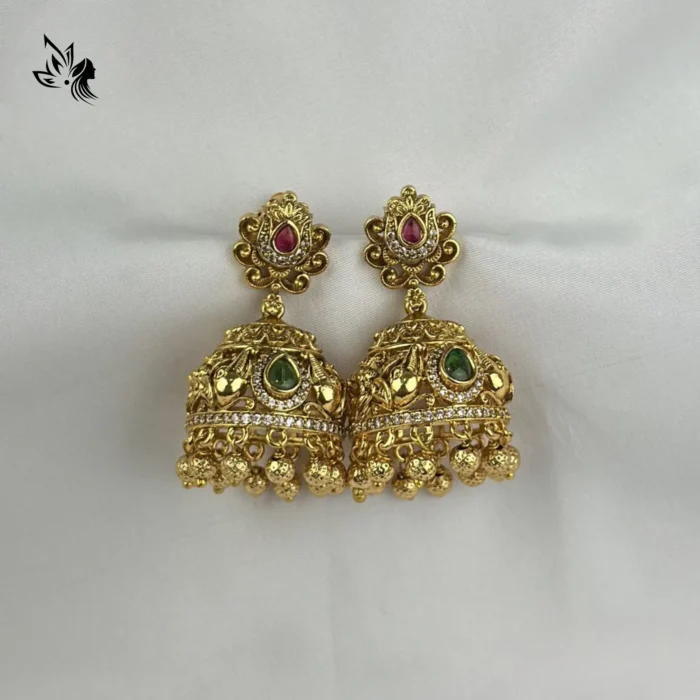 Classic Green Stone-Studded Gold Jhumki - Image 2