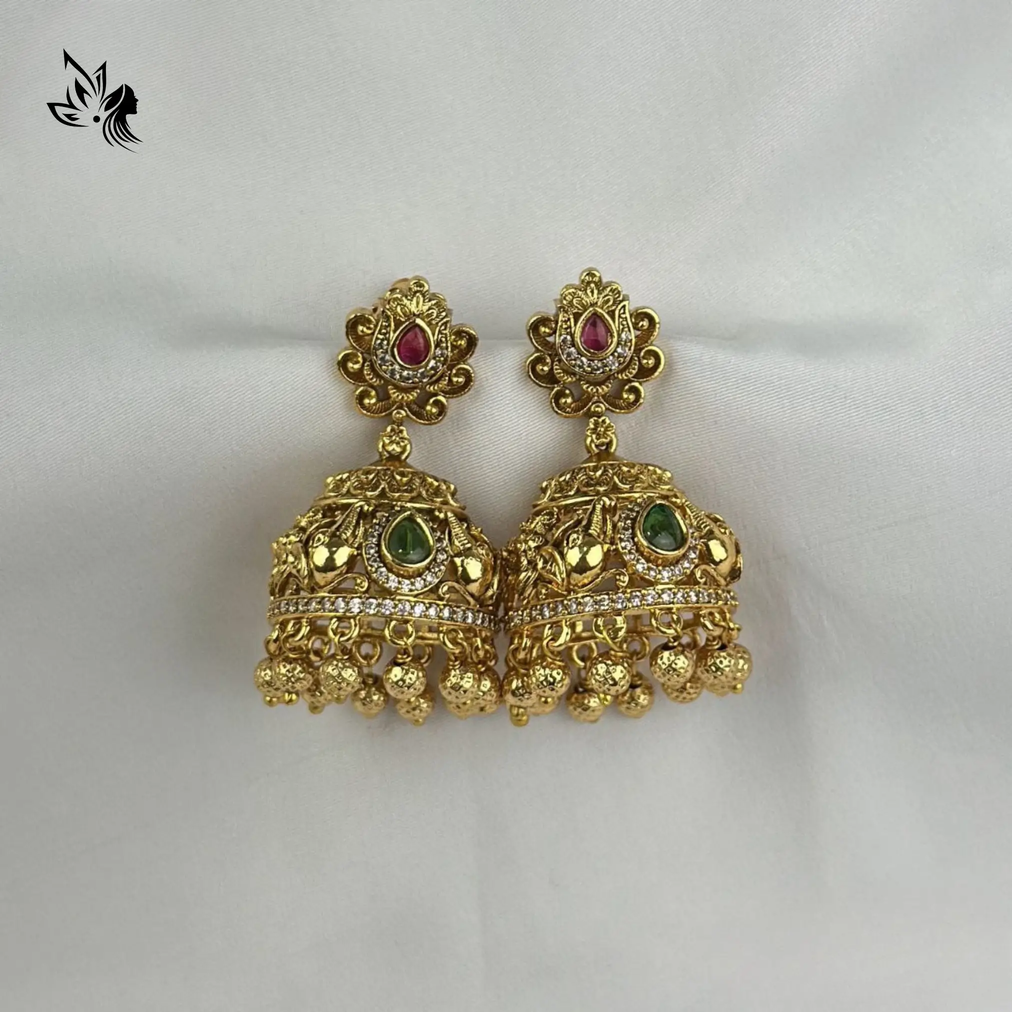 64.webp Classic Green Stone-Studded Gold Jhumki - Image 1