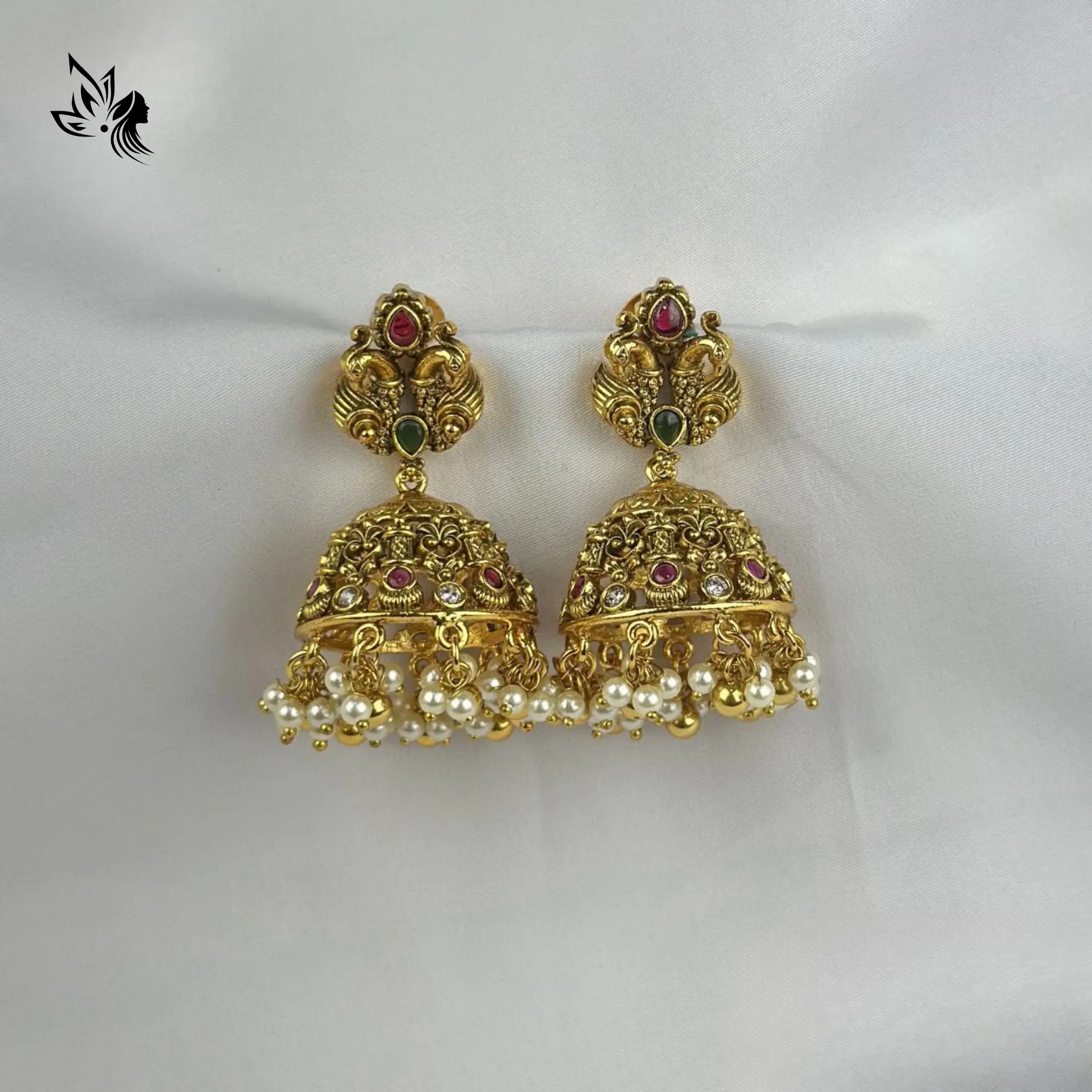 65.webp Matte Finish Gold Jhumki with Stones - Image 1