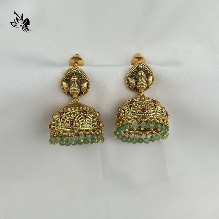 Temple Style Gold Jhumki with Stones - Image 2